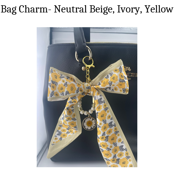Bag Charm - Neutral Beige, Ivory, and Yellow sunflower scarf bow with daisy charm