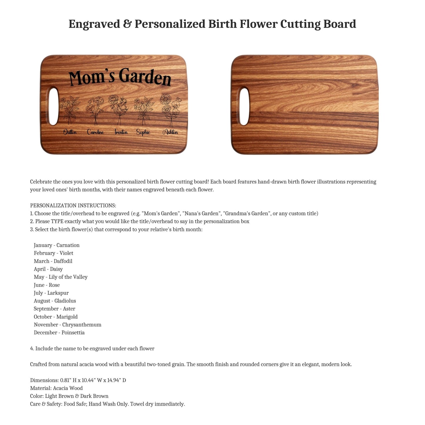 Engraved & Personalized Birth Flower Cutting Board