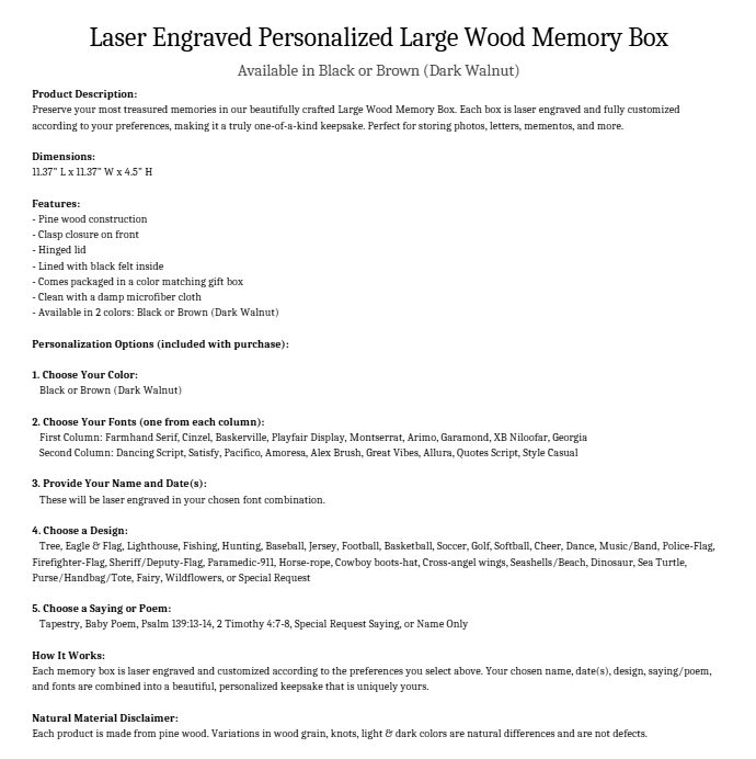 Laser Engraved Large Wood Memory Box - Product Description