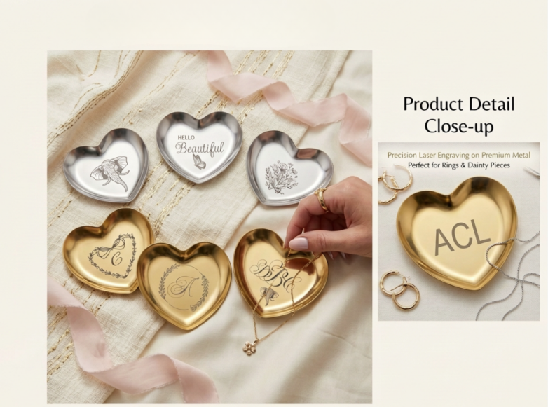 Custom engraved heart-shaped keepsake dishes in silver and gold with monogram and design options