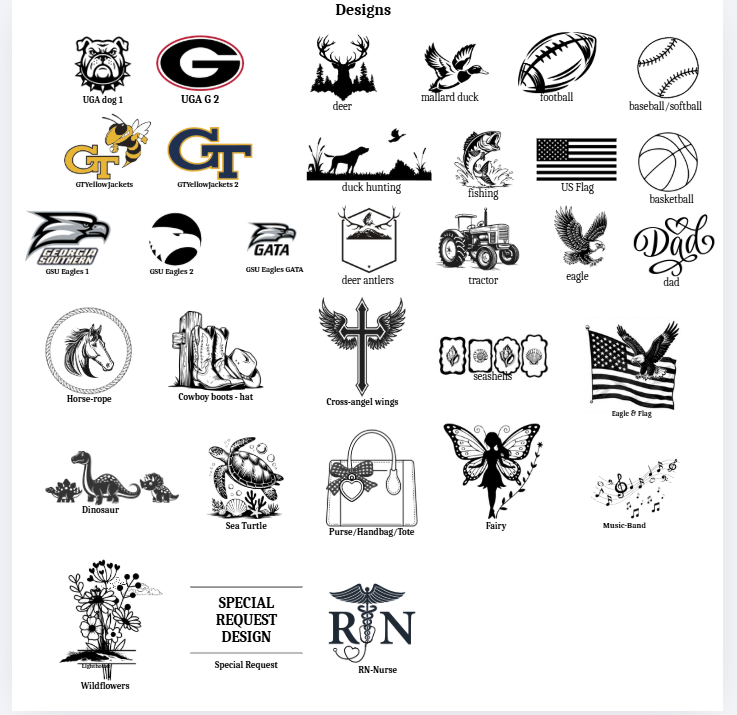 Available design options for Heritage Collection Journal - UGA, GT, GSU, deer, duck hunting, fishing, eagle, fairy, nurse, wildflowers and more