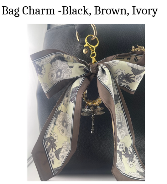 Bag Charm - Black, Brown, and Ivory floral scarf bow with dragonfly charm