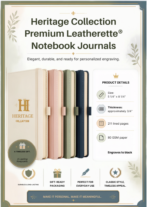 Heritage Collection Premium Leatherette Notebook Journal spec sheet - 5.25x8.25 inches, 211 lined pages, 80 GSM paper