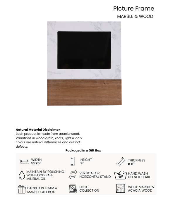 Marble and Acacia Wood Picture Frame spec sheet - 10.25 x 9 inches, gift boxed, vertical or horizontal display