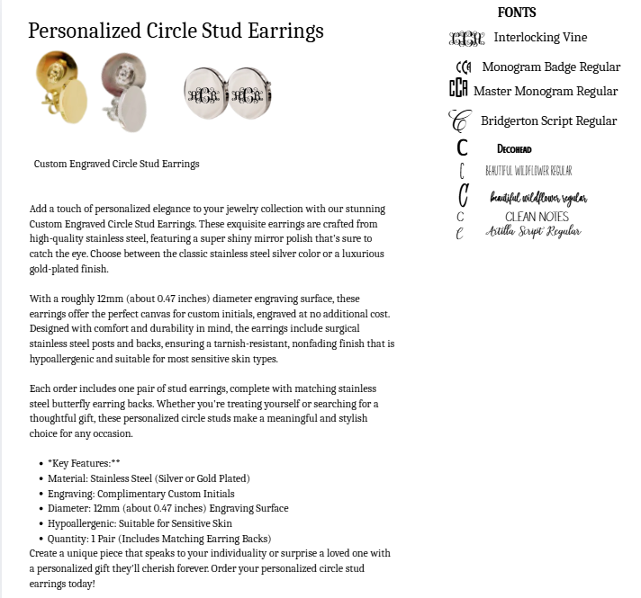 Personalized Circle Stud Earrings spec sheet with product details and font options