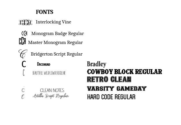 Available font styles for Heritage Collection Journal - Interlocking Vine, Monogram Badge, Bridgerton Script, Bradley, Cowboy Block, Varsity Gameday and more