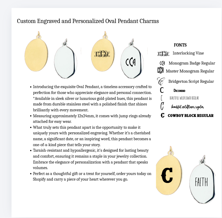 Custom engraved oval pendant charms in silver and gold with font options