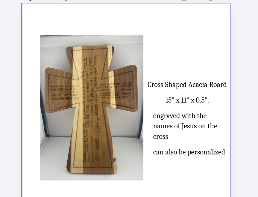 Cross Shaped Acacia Wood Cutting Board engraved with names of Jesus