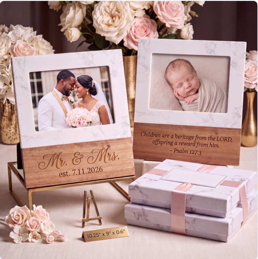 Personalized Marble and Acacia Wood Picture Frames - Mr & Mrs wedding frame and newborn baby frame with Bible verse engraving