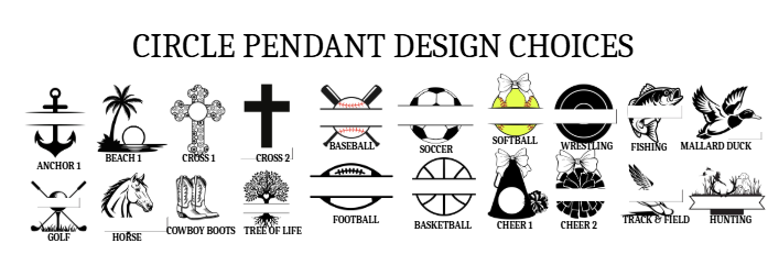 Circle Pendant Design Choices - anchor, beach, cross, sports, cheer, hunting and more