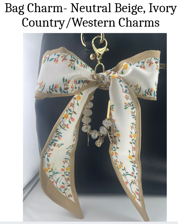 Bag Charm - Neutral Beige and Ivory Country Western floral scarf bow with western charms