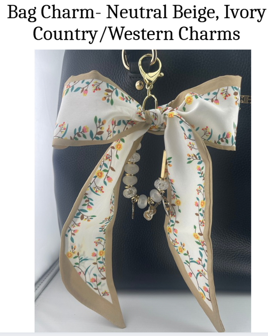 Bag Charm - Neutral Beige and Ivory Country Western floral scarf bow with western charms