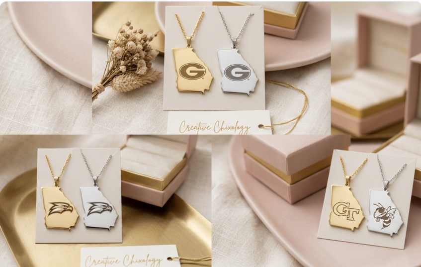 Georgia Pride Pendant Necklace in gold and silver with UGA, GSU, and GT designs - Creative Chixology