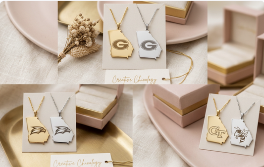 Georgia Pride Pendant Necklace in gold and silver with UGA, GSU, and GT designs - Creative Chixology