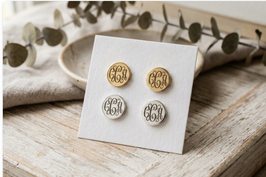 Personalized Circle Stud Earrings in gold and silver with monogram engraving - Creative Chixology
