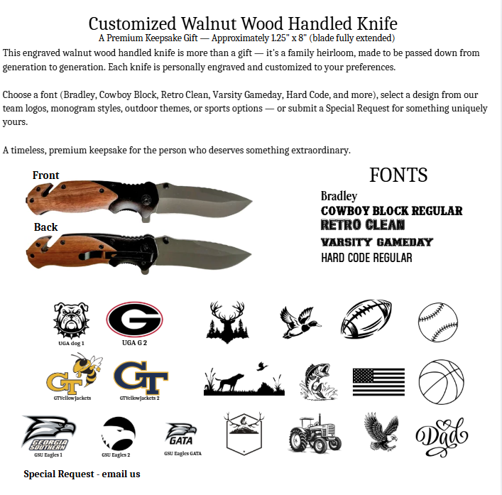 Customized Walnut Wood Handled Knife spec sheet with font options and available designs