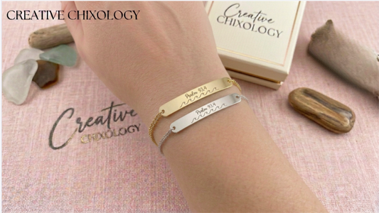 Custom engraved Elegance Embrace Bracelet in silver and gold on wrist - Creative Chixology