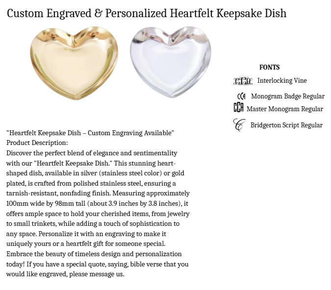 Heartfelt Keepsake Dish spec sheet with font options and product details