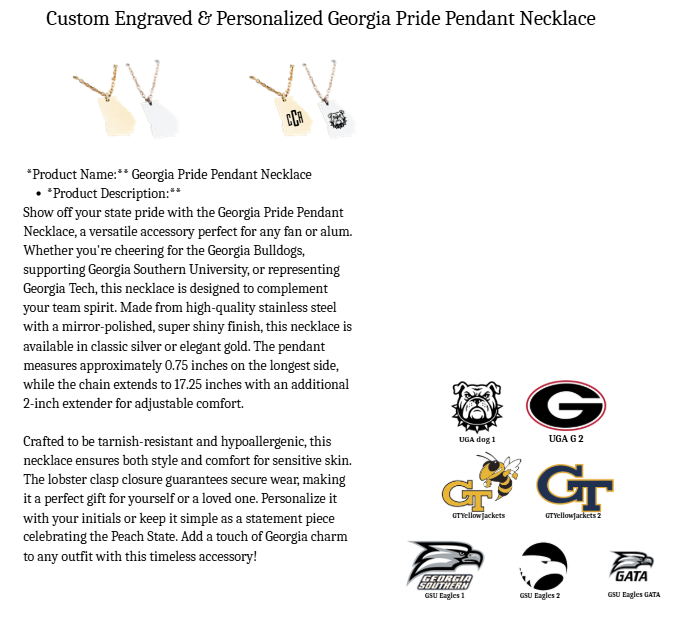 Georgia Pride Pendant Necklace spec sheet with team designs and font options