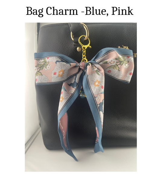 Bag Charm - Blue and Pink floral scarf bow with bell charm