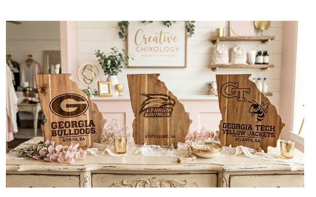 Georgia State Shaped Acacia Wood Board with college team logos
