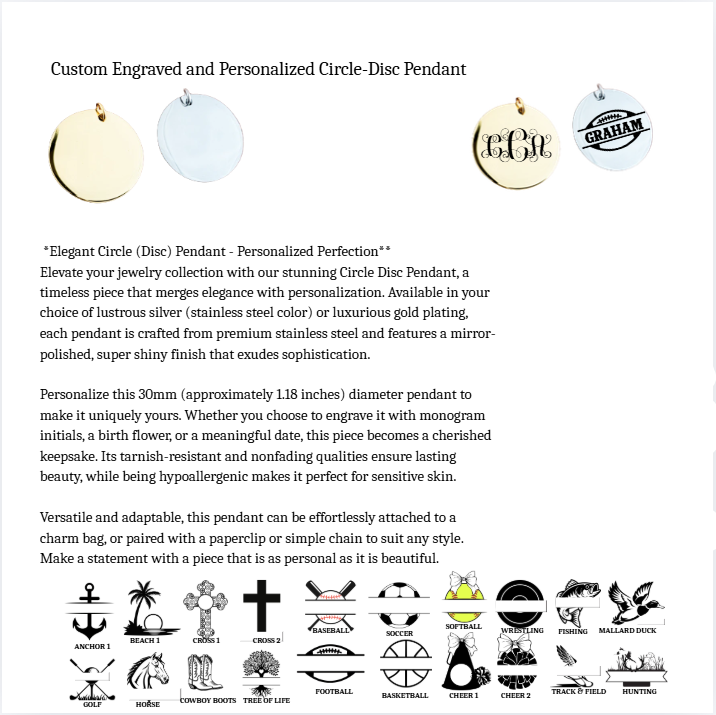 Custom engraved circle disc pendants in silver and gold with font and design options