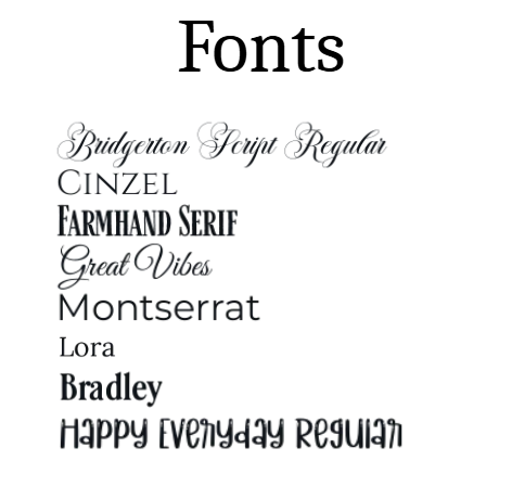 Available font styles for Marble and Acacia Wood Picture Frame engraving - Bridgerton Script, Cinzel, Farmhand Serif, Great Vibes, Montserrat, Lora, Bradley, Happy Everyday