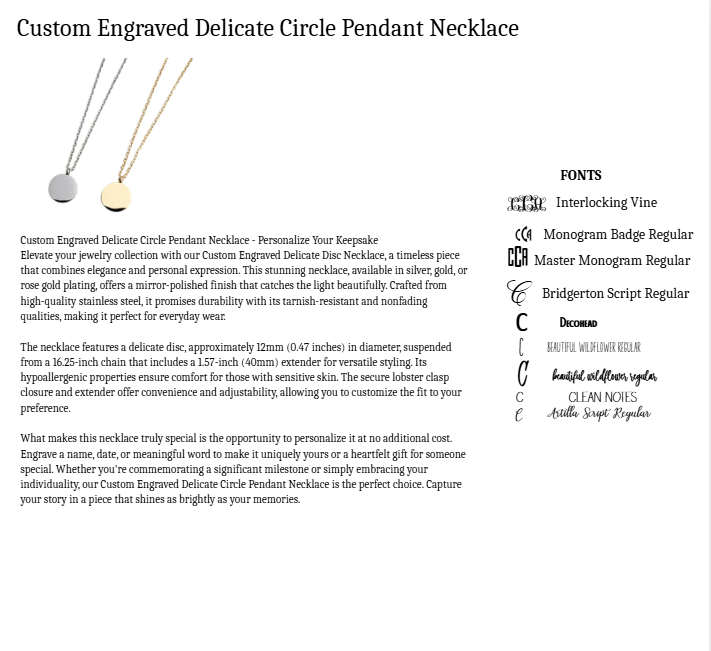 Custom Engraved Delicate Circle Pendant Necklace spec sheet - silver and gold options with font choices