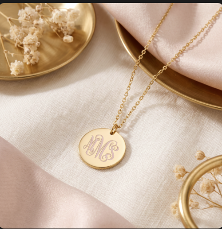 Custom Engraved Delicate Circle Pendant Necklace in gold with monogram engraving on blush pink background - Creative Chixology
