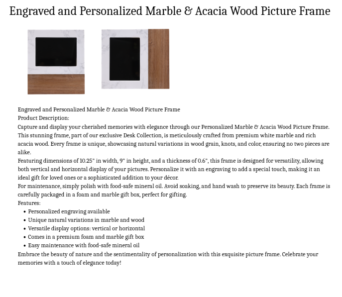 Engraved Marble and Acacia Wood Picture Frame product description and features