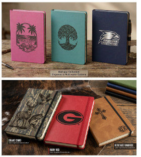 Heritage Collection journals in Drake Camo, Ruby Red with UGA G, and Heritage Rawhide with monogram and cross designs