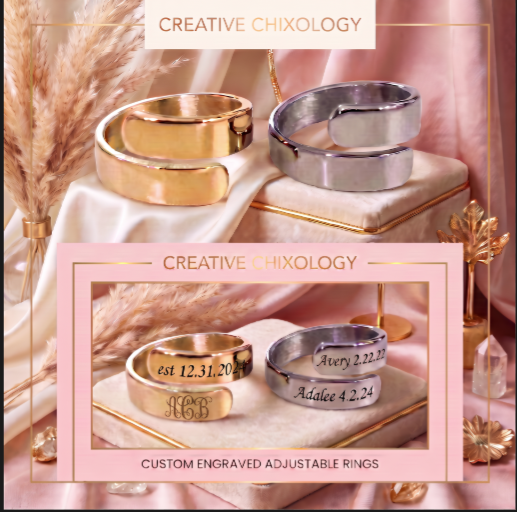 Custom Engraved Adjustable Rings in gold and silver - Creative Chixology branded product photo
