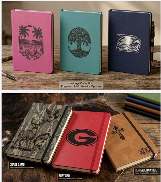 Heritage Collection Premium Leatherette Journals in multiple colors with engraved designs including Georgia Southern, tree of life, and beach scene